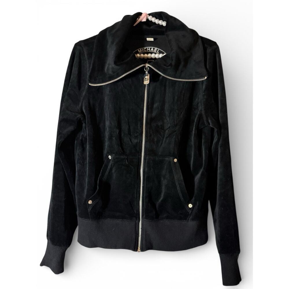 Michael Kors Black Velour Zip Jacket Logo Pockets Size S Women Long Sleeve Y2K